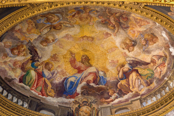 ROME, ITALY - MARCH 9, 2016: The fresco The Glory of the angels by Ludovico Gimignani (1688 - 1690) in church Chiesa di San Silvestro in Capite and The Colona chapel.