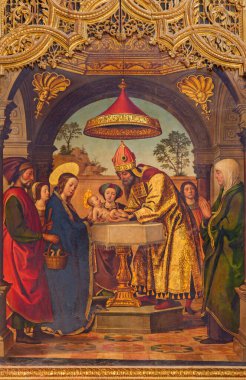 AVILA, SPAIN, APRIL - 18, 2016: Juan de Borgona 'nın Cristo Salvador Katedrali' nin sunağında sunumun resmi (1512))