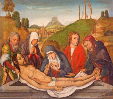 AVILA, SPAIN, APRIL - 18, 2016: Cristo Salvador Katedrali 'nin sunağında İsa' nın Gömülü 'nün Gotik Boyası 16 sent tanınmayan bir sanatçı tarafından sunulmuştur..