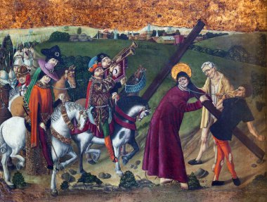 AVILA, İspanya, Nisan - 18, 2016: Katedral de Cristo Salvador 'da İsa' nın haç yolunun Gotik boyası 15 sentten itibaren. (Yıkılmış San Lazaro kilisesinden).