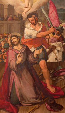 SEGOVIA, İspanya, Nisan - 14, 2016: The Kelapitation of St. James the Greater picture in Cathedral of Our Lady of Exsumption by Alonso Herrera from 16 cent..