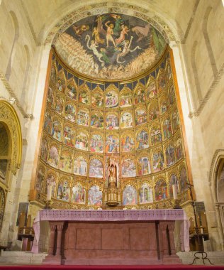 SALAMANCA, SPAIN, APRIL - 16, 2016: Dello ve Nicolas Delli 'nin (1430-1450) Eski Katedral Vieja' sının Gotik ana sunağı (Katedral Vieja)).