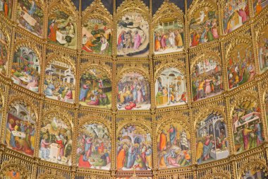 SALAMANCA, SPAIN, APRIL - 16, 2016: Dello ve Nicolas Delli (1430-1450) tarafından hazırlanan Eski Katedral Katedrali 'nin (Katedral Vieja) ana mihrabının ayrıntıları).