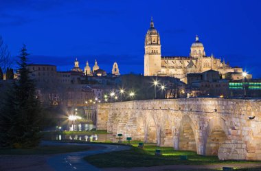 SALAMANCA, SPAIN, APRIL - 17, 2016: Katedral ve köprü Puente Romano Rio Tormes nehri üzerinde alacakaranlıkta.