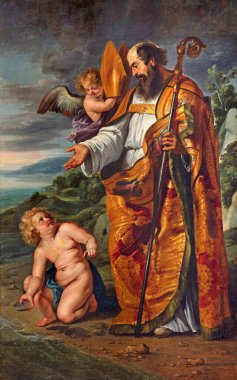 SALAMANCA, SPAIN, APRIL - 17, 2016: José de Ribera 1635 tarafından yapılan Convento de las Agustinas ve Iglesia de la Purisima kilisesi mihrabındaki Aziz Augustine.