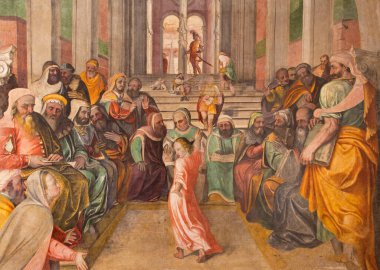 BRESCIA, İtalya - 21 Mayıs 2016: Lattanzio Gambara 'nın (1530 - 1574) Kilisedeki Chiesa del Santissimo Corpo di Cristo' daki On İki Yaşındaki İsa Freski.