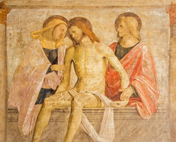 Brescia イタリア 2016年5月22日 聖母マリアと聖ヨハネとのイエスの埋葬のルネサンスフレスコ画教会で15パーセントの未知のアーティストによるChiesa SanフランチェスコD Assisi — ストック写真