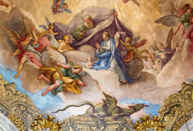 BRESCIA, İtalya - 22 Mayıs 2016: Chiesa di San Francesco d 'Assisi Kilisesi' nin kubbesi üzerinde Bakire Freski Zaferi (1679 - 1762))
