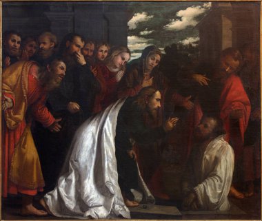 BRESCIA, İtalya - 23 Mayıs 2016: Girolamo Romani 'nin Chiesa di San Giovanni Evangelista kilisesinde Lazarus' un Dirilişi tablosu (1484 - 1559)).