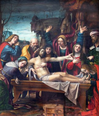 BRESCIA, İtalya - 23 Mayıs 2016: Bernardino Zenale 'nin Chiesa di San Giovanni Evangelista Kilisesinde Pieta veya haçın İfadesinin Tablosu (1450 - 1526)).