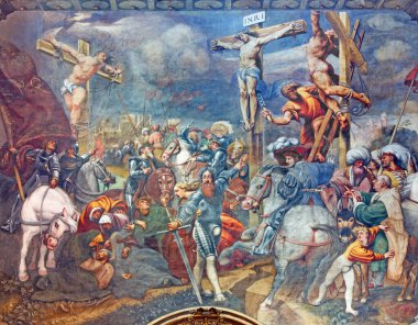 CREMONA, ITALY - 24 Mayıs 2016: Giovanni Antonio de Sacchis takma adı Pordenone (1484 - 1539) tarafından Kutsal Bakire Meryem 'in Katedrali' nde Çarmıha gerilme freski).