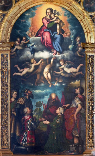 Cremona Italy May 2016 Painting Madonna Heaven Saints Main Altar — Stock Photo, Image