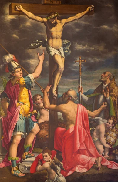 Cremona Italy May 2016 Paint Crucifixion Saints Fermo Jerome Pope — Stock Photo, Image