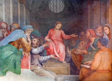 CREMONA, İTALYA - 24 Mayıs 2016: Chiesa di Santa Rita 'daki Tapınakta 12 yaşındaki fresk İsa Giulio Campi (1547)).