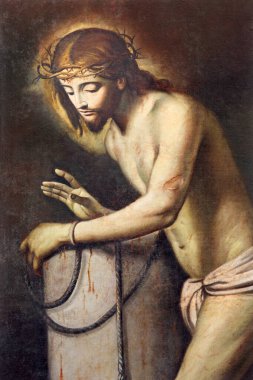 BRESCIA, İtalya - 22 Mayıs 2016: İsa 'nın tahvilli tablosu ve Olvieto' daki Chiesa di San Pietro 'daki Kırbaçlama sütunu. bilinmeyen sanatçı tarafından.
