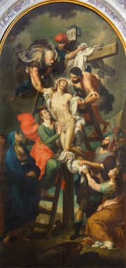 BRESCIA, İtalya - 22 Mayıs 2016: Domenico Zeli 'nin Chiesa di Santa Maria della Pace kilisesinde Haç İfadesi Tablosu (1819))