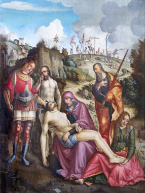 BRESCIA, İtalya - 23 Mayıs 2016: Vincenzo Civerchio da Crema (1504) tarafından Chiesa di San Alessandro kilisesinde yapılan haçın veya Pieta 'nın İfadesi).