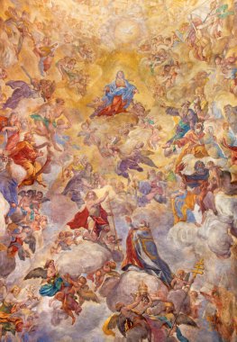 ROME, ITALY - 9 Mart 2016: Capite 'deki Chiesa di San Silvestro kilisesinde, Giacinto Brandi (1682) tarafından Meryem Ana' nın Kasa Freski Varsayımı.