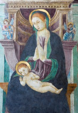 BRESCIA, İtalya - 21 Mayıs 2016: Chiesa del Santissimo Corpo di Cristo Kilisesi 'ndeki Madonna freski Paolo Caylina il Vecchio (cca 1501).