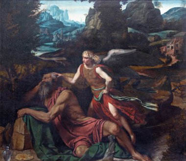 BRESCIA, ITALY - MAY 23, 2016: The painting Prophet Elijah Receiving Bread and Water from an Angel in church Chiesa di San Giovanni Evangelista by by Alessandro Bonvicino - Moretto (1498 - 1554). clipart