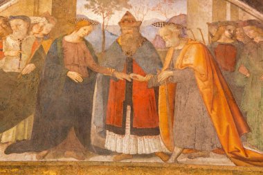 ROMA, İtalya - 9 Mart 2016: Bakire Meryem ve Aziz Joseph 'in fresk düğünü Antonio da Viterbo' nun (1450-1516) Kilisedeki Rovere Şapeli 'nde.