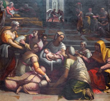 ROME, ITALY - 9 Mart 2016: Bazilika di Santa Maria del Popolo 'daki Chigi Şapeli' nde Bakirenin Doğuşu (1530-1534) ve Francesco de Rossi tarafından tamamlandı..