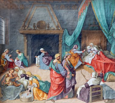 CREMONA, ITALY - 25 Mayıs 2016: Bocccaccio Boccaccino 'nun katedralde Meryem' in Doğumu freski (1466 - 1525)).