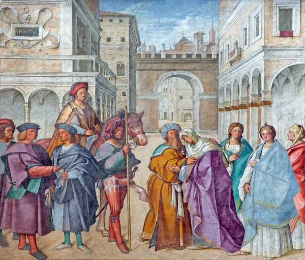 CREMONA, İTALYA - 25 Mayıs 2016: St. Joachim ve St. Anne 'in freski, Boccaccio Bocaccino' nun katedralinde Bakire Meryem 'in Ebeveynleri (1466 - 1525)).