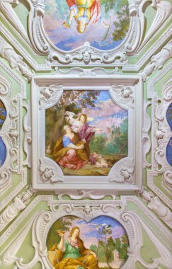 CERVENY KAMEN, SLOVAKIA - 19 Temmuz 2016: Çölde Hagar ve İsmail ile birlikte Carpoforo Tencalla 'nın Cerveny Kamen kalesinde tavan freski (1623 - 1685)).