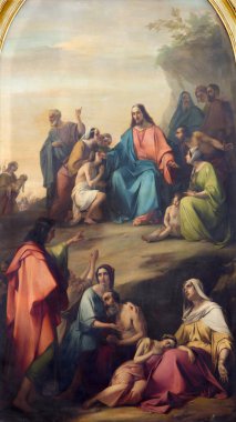 BRESCIA, İtalya - 22 Mayıs 2016: Duomo Nuovo 'da İsa' nın Vaazı 'nın soluğu Michelangelo Grigoletti tarafından 1801 - 1870)