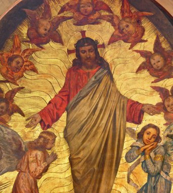 BRESCIA, İtalya - 22 Mayıs 2016: Santuario di Santa Maria delle Grazie 'deki melekler arasında İsa' nın Neogotik tablosu..