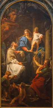 BRESCIA, İtalya - 22 Mayıs 2016: Pompeo Batoni 'nin Chiesa di Santa Maria della Pace (1746) kilisesinde Meryem Ana ve Nepomuk Meryem Ana' nın resmi)