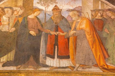 ROMA, İtalya - 9 Mart 2016: Bakire Meryem ve Aziz Joseph 'in fresk düğünü Antonio da Viterbo' nun (1450-1516) Kilisedeki Rovere Şapeli 'nde.