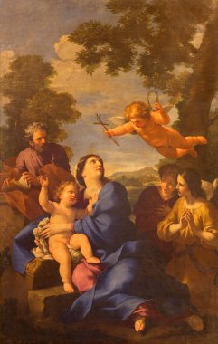 ROME, ITALY - 10 Mart 2016: Mısır 'daki Chiesa di San Carlino alle Quatro fontane kilisesindeki Kutsal Aile Reposo tablosu Giovan Francesco Romanelli tarafından 17 cent..