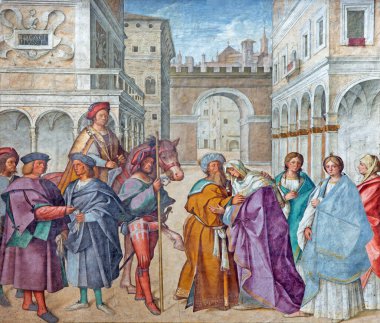 CREMONA, İTALYA - 25 Mayıs 2016: St. Joachim ve St. Anne 'in freski, Boccaccio Bocaccino' nun katedralinde Bakire Meryem 'in Ebeveynleri (1466 - 1525)).