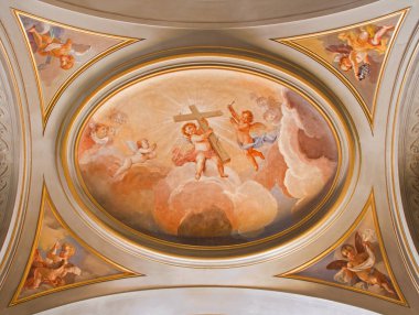 ROME, ITALY - 11 Mart 2016: Kilisedeki Bazilika di Santi Giovanni e Paolo 'nun 18 sentlik meçhul ressamı tarafından yapılan haçlı haçı taşıyan meleklerin sembolik freski..