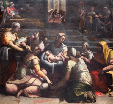 ROME, ITALY - 9 Mart 2016: Bazilika di Santa Maria del Popolo 'daki Chigi Şapeli' nde Bakirenin Doğuşu (1530-1534) ve Francesco de Rossi tarafından tamamlandı..