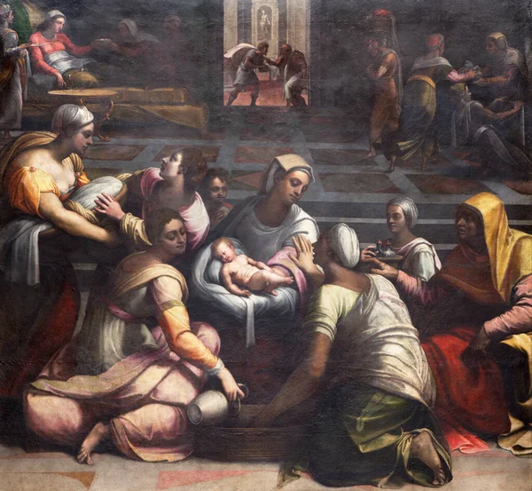 ROME, ITALY - 9 Mart 2016: Bazilika di Santa Maria del Popolo 'daki Chigi Şapeli' nde Bakirenin Doğuşu (1530-1534) ve Francesco de Rossi tarafından tamamlandı..