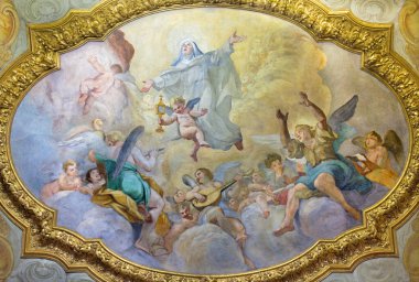 ROMA, İtalya - 9 Mart 2016: Luigi Garzi 'nin Capite' deki Chiesa di San Silvestro kilisesinin yanındaki Aziz Clara Apotheosis 'in tavan freski (1638 - 1721)).