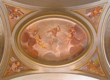 ROME, ITALY - 11 Mart 2016: 18 sentlik tanınmamış bir sanatçı tarafından kilise Bazilika di Santi Giovanni e Paolo 'nun yan güvertesinde yeniden dirilen İsa' nın sembolü..