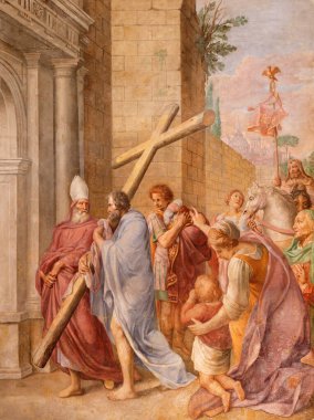 ROMA, İtalya - 9 Mart 2016: Pieter van Lindt 'in (1637) Kutsal Haç' ı taşıyan fresk imparator (muhtemelen) Santa Maria del Popolo Kilisesi 'nde).