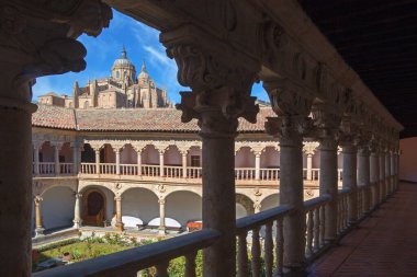 SALAMANCA, İspanya, Nisan - 18, 2016: The atrium of Convento de las Duanas and the Cathedral.