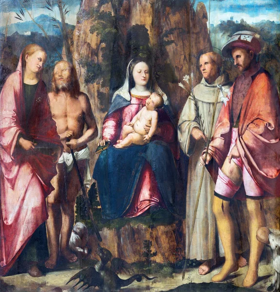 Brescia Włochy Maj 2016 Obraz Drewnie Madonna Wśród Świętych Kościele — Zdjęcie stockowe