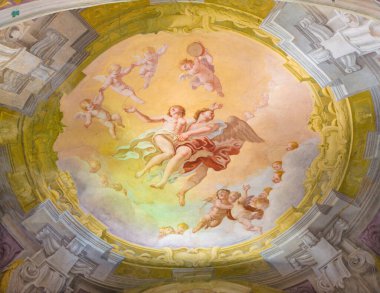 CREMONA, ITALY - 24 Mayıs 2016: Chiesa di San Sigismondo 'da Aziz Apotheosis' in freski Sanatçılar Giulio Campi, Bernardino Campi e Bernardino Gatti (1564 - 1567)).