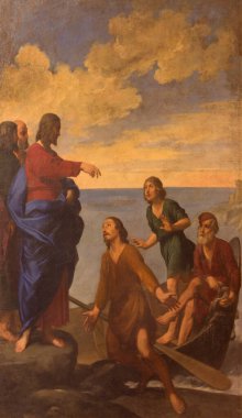 BOLOGNA, ITALY - 16 Mart 2014: Ressam İsa, Monte San Giovanni kilisesinde havarilere Aziz Andrew ve Aziz John 'u çağırıyor (1588 - 1649)).