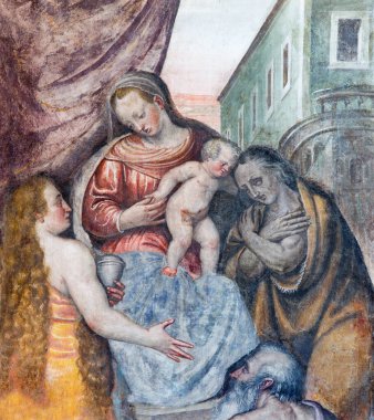 BRESCIA, ITALY - 21 Mayıs 2016: St. Ann, Joachim ve St. Mary Magdalen ile birlikte Cizvit Benedetto da Marone 'un Chiesa del Santissimo Corpo di Cristo (1550 - 1565)).