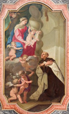 BRESCIA, İtalya - 21 Mayıs 2016: Giuseppe Tortelli 'nin Chiesa di Santa Maria del Carmine (1662 - 1734) kilisesinde Aziz Albert' e hürmet eden mihrap tablosu)