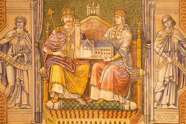 JERUSALEM, ISRAEL - 3 Mart 2015: İmparator 2. Wilhelm ve Kraliçe Auguste Victoria. H. Schaper ve F. Pfannschmidt (1988-1991) tarafından tasarlanan Evanjelik Lüterci Yükseliş Kilisesi 'nin tavanında boya.)