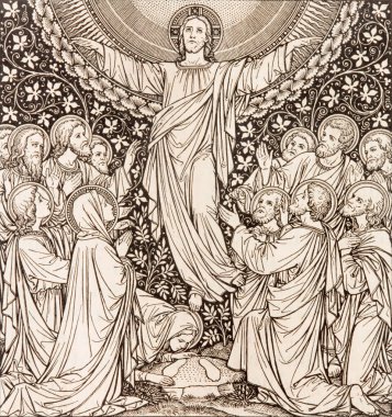BRATISLAVA, SLOVAKIA, NOVEMBER - 21, 2016: The lithography of Ascension in Missale Romanum by unknown artist tarafından 19. cent 'in sonundan itibaren baş harfleri ile yazılmıştır. ve Typis Friderici Pustet tarafından basıldı..