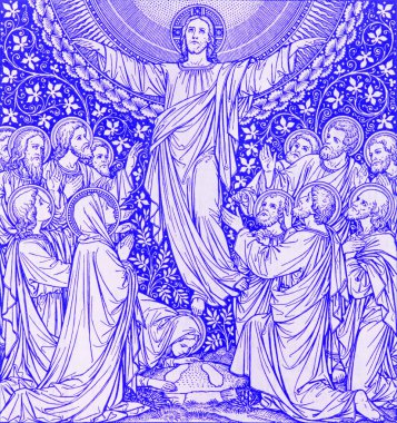 BRATISLAVA, SLOVAKIA, NOVEMBER - 21, 2016: The color lithography of Ascension in Missale Romanum tarafından 19. sentin sonundan itibaren baş harfleri ile tanınmayan bir sanatçı tarafından basıldı. ve Typis Friderici Pustet tarafından basıldı..